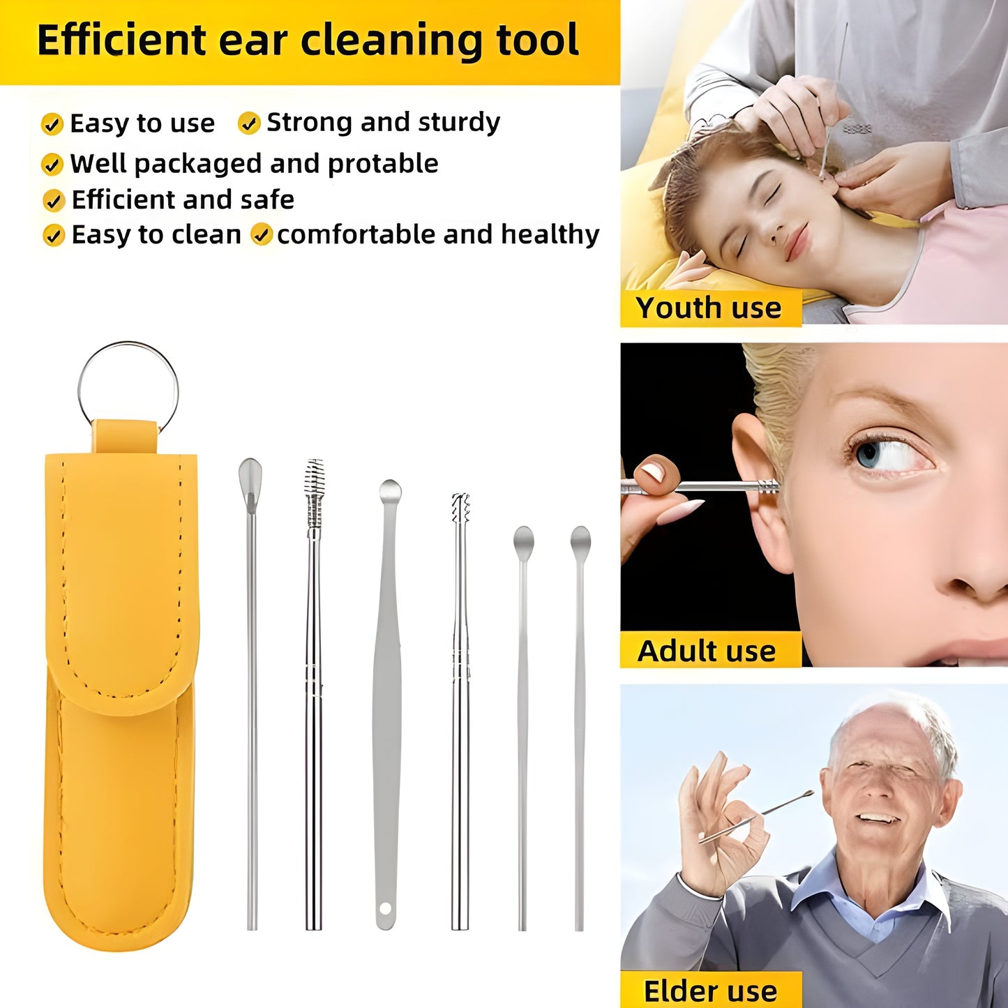 Ear Wax Cleaning Kit – Stainless Steel Tools with Leather Pouch 6 Pcs